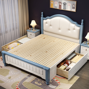 实木儿童床男孩单人床1.5米美式青少年高箱床网红轻奢1.35小孩床