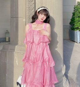 dc/22夏 粉色扎染蛋糕吊带裙长款连衣裙女小个子温柔纯欲甜美公主