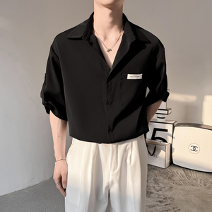 黑色冰丝短袖衬衫男款夏季韩版高级感痞帅潮牌男士七分袖休闲衬衣