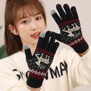 冬季手套女五指触屏毛线针织棉双层加绒加厚保暖小鹿卡通韩版手套