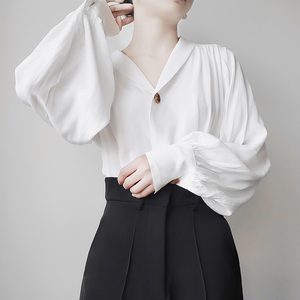 j家法式慵懒风白衬衫女复古韩范设计感小众宽松垂感气质灯笼袖
