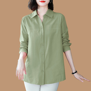 大码女士衬衫2024新款中年妈妈宽松纯棉衬衣全棉有领绿色上衣外穿