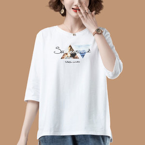 七分袖女t恤夏新款大码女装宽松中年妈妈纯棉中袖遮肚显瘦打底衫