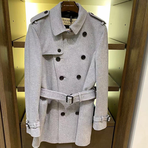 burberry巴宝莉男款羊毛大衣双排扣翻领毛呢外套纯色直筒冬季