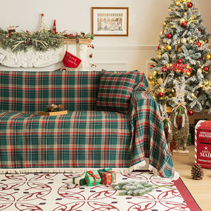 圣诞绿格子沙发巾美式复古多用途毛毯防滑全盖民宿沙发套罩盖布巾
