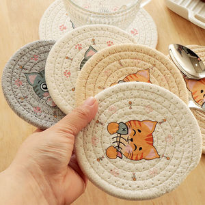 印花猫咪杯垫棉质餐垫隔热防烫垫加厚手工编织杯垫碗垫餐垫锅垫