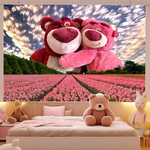 新款卡通动漫草莓熊可爱装饰挂布卧室床头大号宿舍房间直播背景布