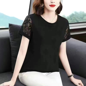 蕾丝短袖t恤女2024年夏季新款宽松显瘦网纱洋气减龄黑色女士上衣