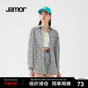 Jamor黑白格纹短袖衬衫女夏季新款时尚笑脸格子图案休闲上衣