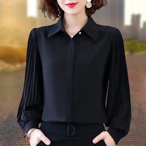 黑衬衫女长袖垂感2023春季新款职业气质抗皱免烫袖子褶皱雪纺衬衣