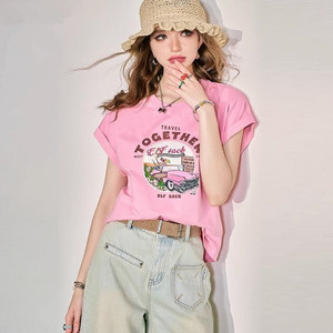 妖精的粉色圆领宽松短袖t恤女2024夏季新款袖口花边设计显瘦上衣