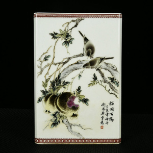 民国珠山八友刘雨岑作粉彩四季花鸟纹四方笔筒 古玩古董瓷器陶瓷