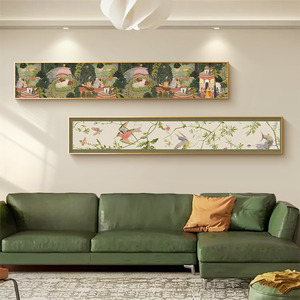斋浦尔花园客厅装饰画中古风沙发背景墙挂画横版细窄长条玄关壁画