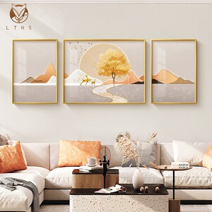 现代简约客厅装饰画轻奢大气麋鹿三联壁画背有靠山沙发背景墙挂画