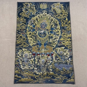 复古唐卡西藏密宗刺绣金丝尼泊尔织锦画玄关装饰画六臂黑玛哈嘎拉