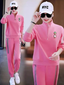 粉色卫衣运动套装女士春秋季2024年新款时尚休闲服束脚卫裤两件套