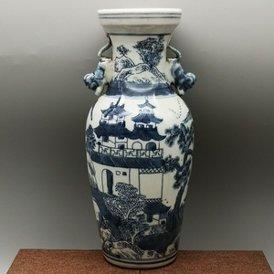 晚清民国青花山水双耳瓶古玩瓷器古董收藏民间老物件老货旧货摆件