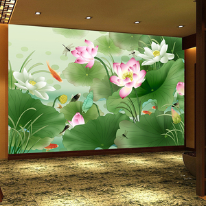 荷花墙纸中式健康养生美容理疗佛堂背景墙装饰壁画青蜓鱼莲花壁纸