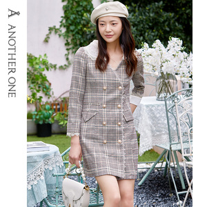 another one2021秋季新款连衣裙英伦格纹亮片蕾丝拼接翻领短裙