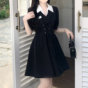 春夏大码韩版设计感POLO领收腰假两件连衣裙女显瘦遮肚减龄小黑裙