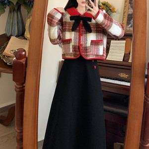 大码法式红格夹棉外套黑色半身裙两件套秋冬新款胖MM显瘦时尚套装