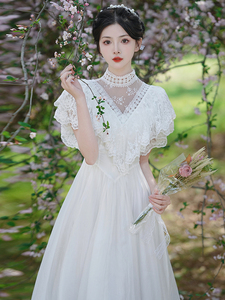 复古温柔仙女裙子气质超仙法式在逃公主白色连衣裙夏蕾丝网纱长裙