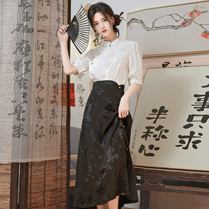 新中式国风提花马面裙半身长裙女夏季小个子改良汉服日常通勤套装