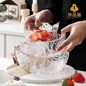 日式锤纹透明金边玻璃碗水果盘ins高颜值家用水果碗沙拉碗泡面碗
