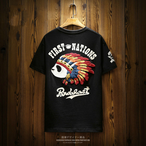 国潮潮牌个性印第安熊猫刺绣短袖t恤男原宿风宽松半袖体恤上衣服