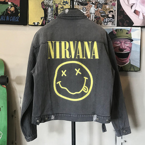 涅盘乐队nirvana牛仔外套男女同款个性摇滚美国潮牌笑脸个性上衣