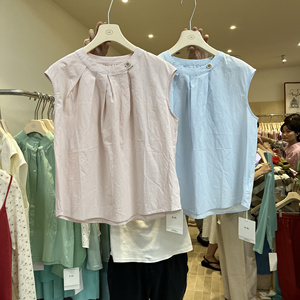 H-XL52553纯色棉布无袖上衣女夏季法式小飞袖T恤衬衫