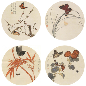 工笔画白描底稿于非闇圆形花鸟小品实物梅兰竹菊42x42厘米含a3彩