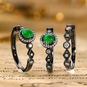 18k黑金钻石戒指唐米珠宝酷感飒缅甸a货翡翠小绿蛋面排戒指环手饰