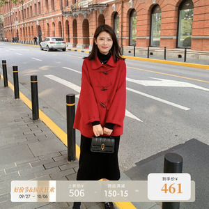 紫璐莱[X1DMNa35]双面羊毛大衣女秋冬短款韩系红色牛角扣呢子外套