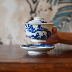 【柴窑】景德镇妙色青花五雀鸣秋三才大盖碗撇口180cc它山茶舍选