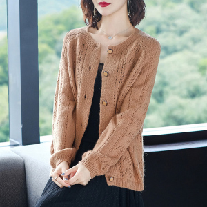 毛衣开衫女短款宽松春秋镂空洋气圆领百搭开襟外搭纯色针织衫外套