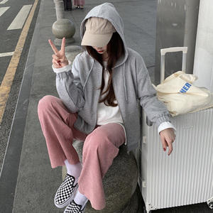 ins秋装新款港味休闲运动风套装女长袖连帽卫衣t恤 灯芯绒阔腿裤