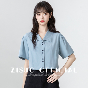 复古蓝色短袖衬衫女2024夏季新款韩版设计感小众衬衣别致polo上衣