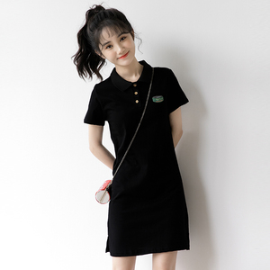 2024夏季新款少女学院风翻领黑色裙子女韩版学生短袖Polo领连衣裙