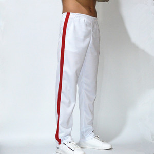新品夏季中老年广场舞裤子红条纹校裤白色运动裤一条杠直筒女长裤