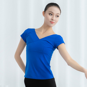前交叉v领练功服女上衣成人短袖棉形体训练服装拉丁芭蕾舞舞蹈服