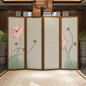 新中式工笔荷花折叠移动屏风隔断现代简约客厅办公室酒店餐厅折屏
