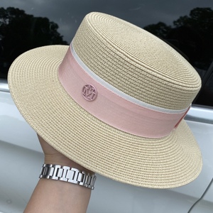 夏季草帽M标出游凹造型BI备窄边小礼帽米黄色休闲百搭平顶帽子女