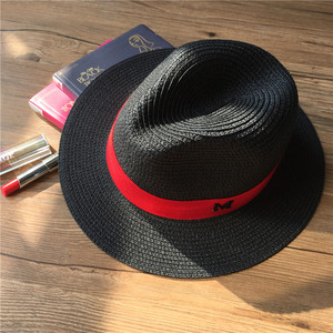 爱戴帽子 夏季新品红色M标巴拿马草帽度假防晒爵士帽沙滩遮阳帽女