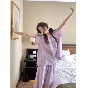 家居服套装宽松舒适短袖睡衣女夏季甜美紫色休闲可外穿睡裤两件套