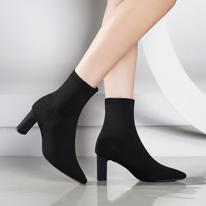 高跟鞋女秋冬怡菲百丽2020新款春季粗跟弹力袜子靴女鞋针织短靴