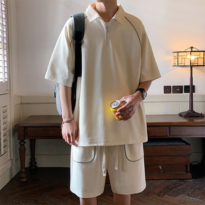 日系polo衫套装男夏季冰丝薄款反光条纹短袖t恤潮牌休闲运动短裤