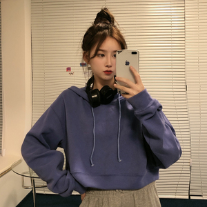 雾霾蓝短款连帽卫衣女春秋薄款韩版宽松ins慵懒风超火cec初秋外套
