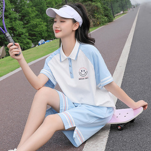 高初中学生夏季休闲运动套装女13岁15女孩短袖t恤阔腿短裤两件套