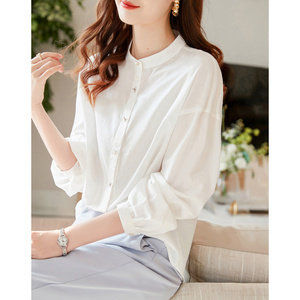 德玛纳白色圆领长袖衬衫女宽松气质衬衣2022年春夏新款上衣女薄款